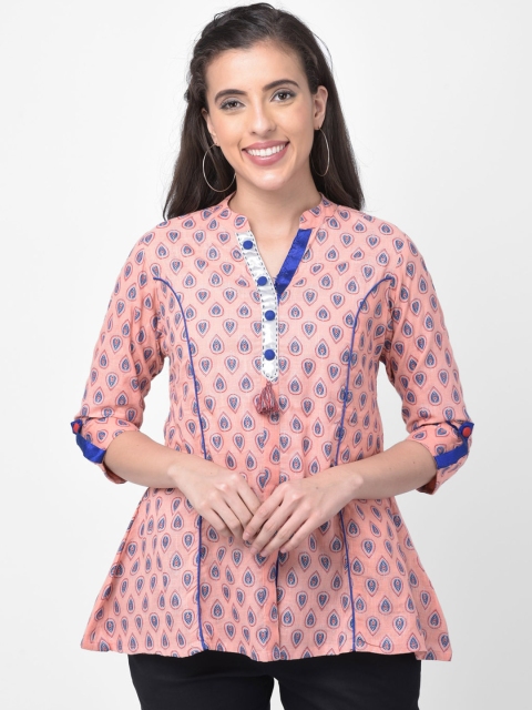 

aayusika Women Peach-Coloured & Blue Printed Tunic