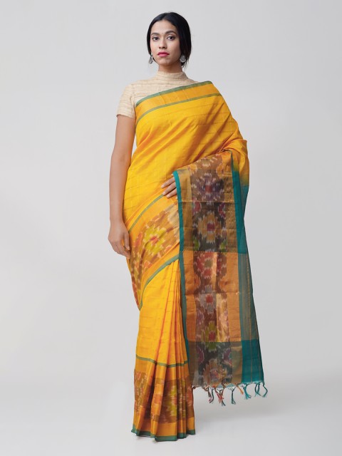 

Unnati Silks Yellow Checked Pochampally Saree