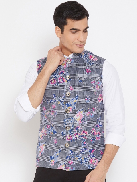 

armure Men Grey & Pink Floral Printed Single-Breasted Velvet Nehru Jacket