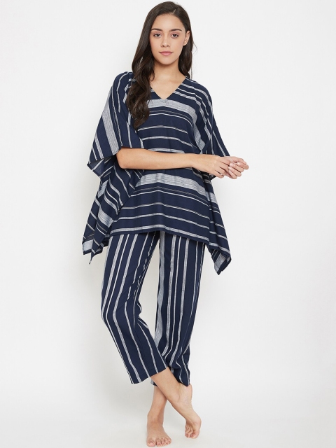 

The Kaftan Company Women Navy Blue & Off-White Striped Night Suit