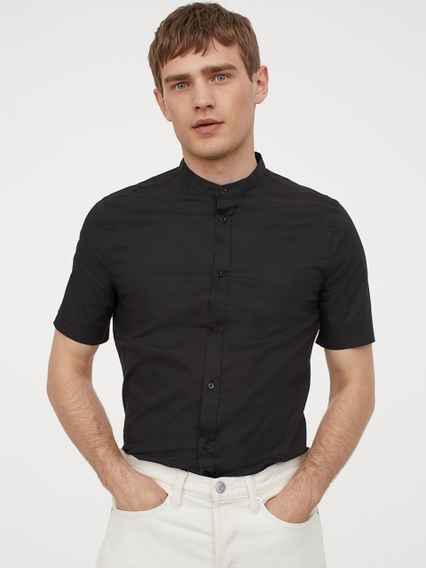 

H&M Men Black Solid Cotton Shirt Muscle Fit