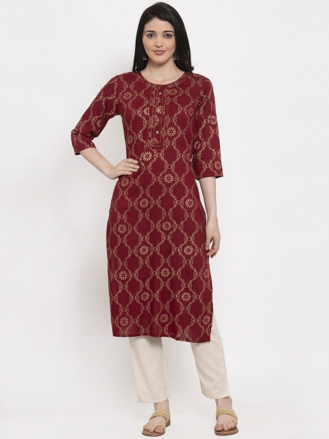 

Clora Creation Women Maroon Printed Straight Kurta