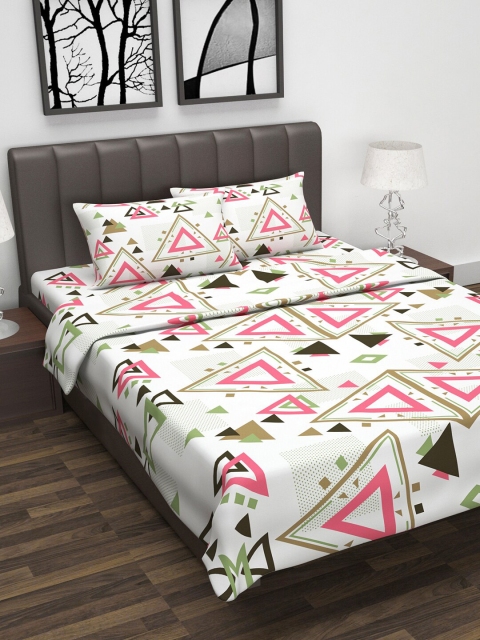 White & Pink Geometric Printed Double Queen Bedsheet With 2 Pillow Covers & Dohar