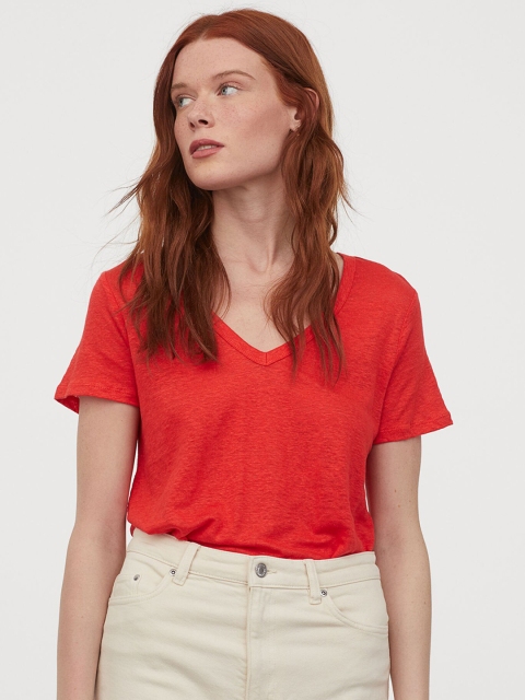 

H&M Women Red Solid Linen Jersey Top