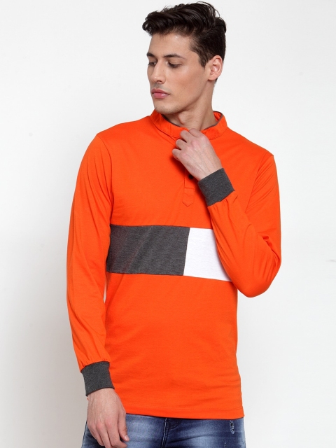 

Kalt Men Orange Colourblocked Mandarin Collar T-shirt