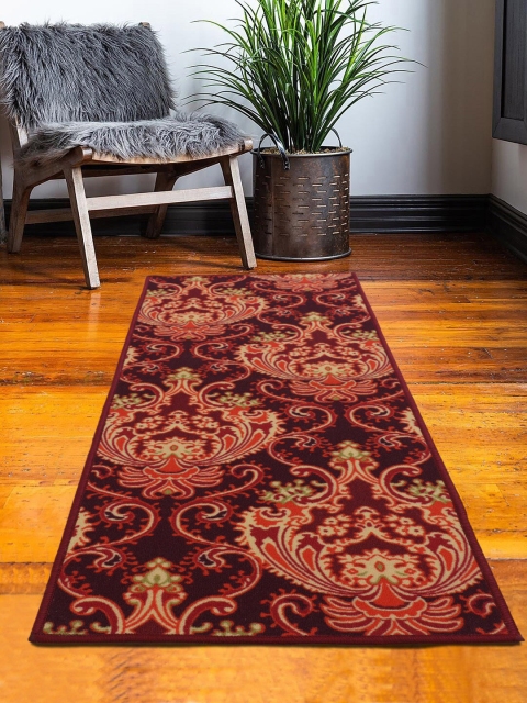 

RUGSMITH Burgundy & Red Floral Printed Anti-Skid Floor Runner