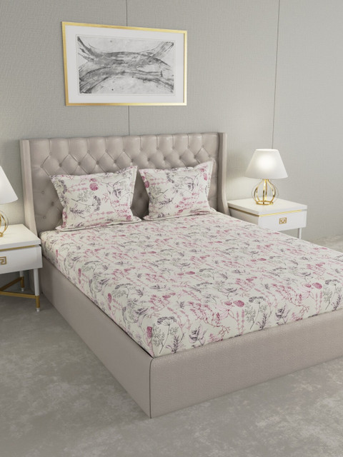 

Raymond Home Cream-Coloured & Pink Floral 144 TC Cotton 1 King Bedsheet with 2 Pillow Covers
