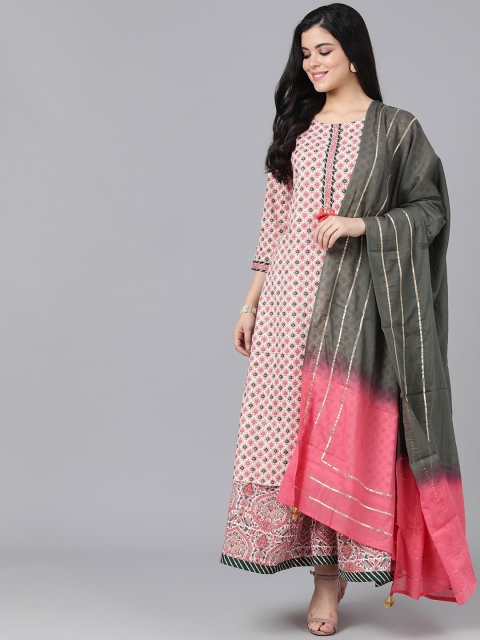 

AKS Couture Women Peach-Coloured & Grey Printed Kurta with Skirt & Dupatta