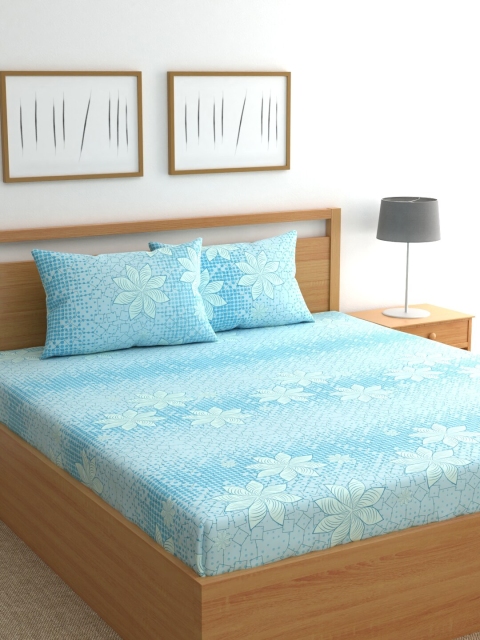 

Raymond Home Turquoise Blue Floral 200 TC Cotton 1 King Bedsheet with 2 Pillow Covers