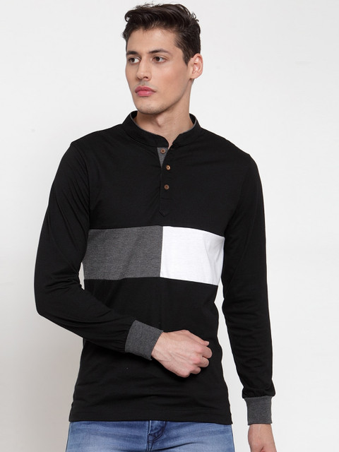 

Kalt Men Black Colourblocked Mandarin Collar T-shirt