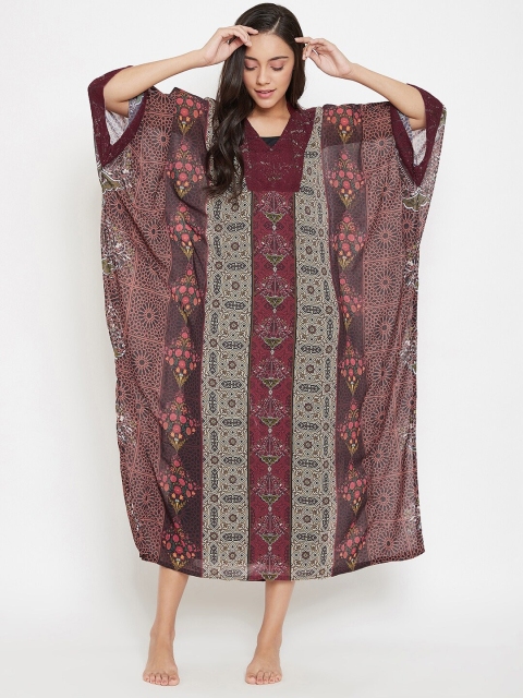 

The Kaftan Company Maroon & Off-White Printed Nightdress with Inner Slip