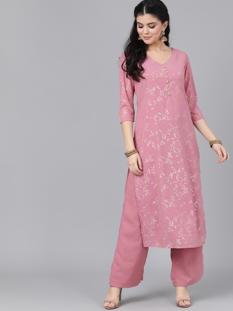 

AKS Couture Women Mauve & Gold-Toned Printed Straight Kurta