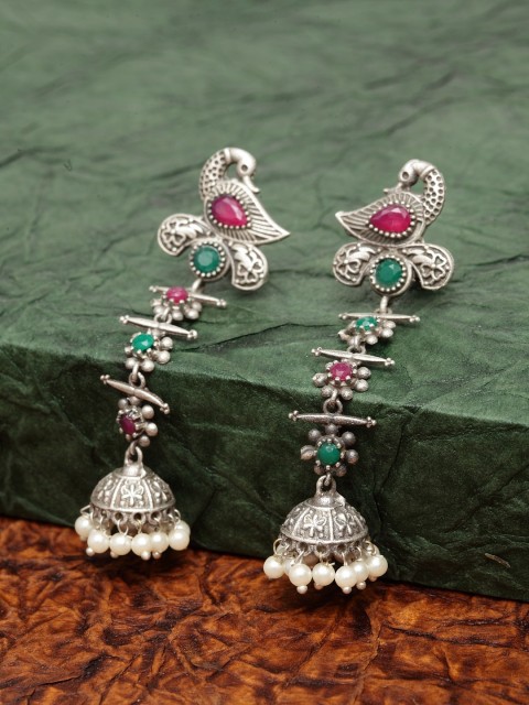 

PANASH Silver-Plated & Pink Oxidised Peacock Shaped Jhumkas