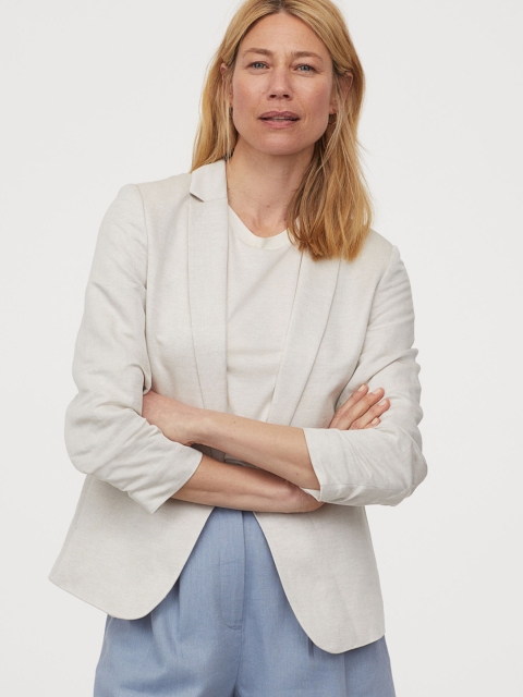 

H&M Women Cream Solid Linen Blend Jacket, White