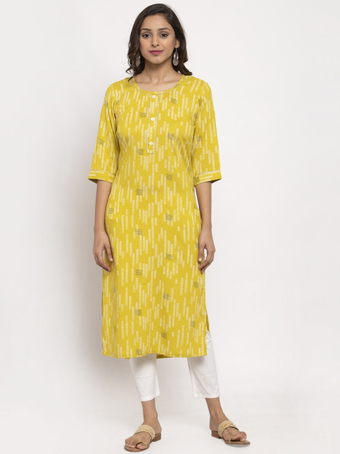 

TAG 7 Women Yellow Striped A-Line Kurta
