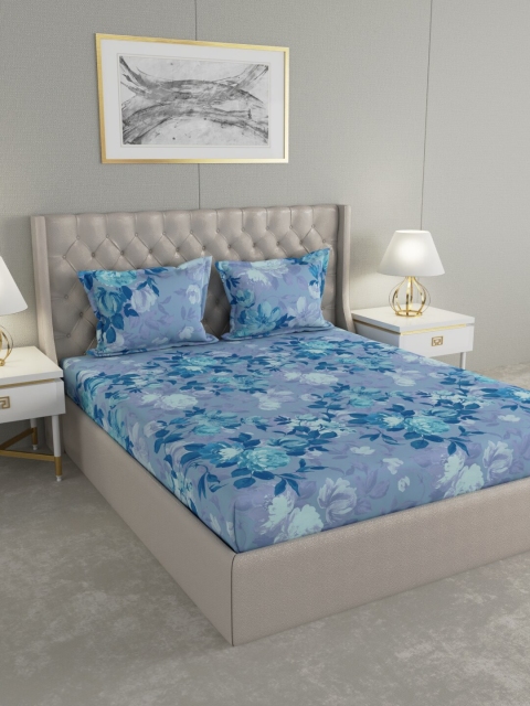 

Raymond Home Blue Floral 144 TC Cotton 1 King Bedsheet with 2 Pillow Covers