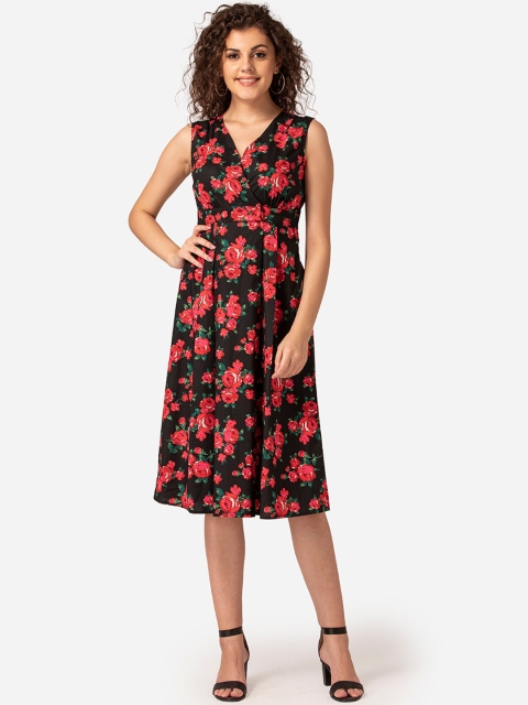 

MABISH by Sonal Jain Women Black & Red Floral Printed Wrap Dress