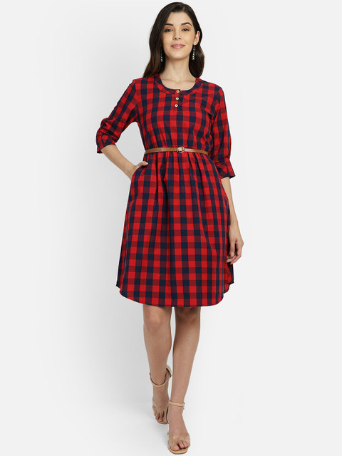 

Yaadleen Women Red & Black Checked Fit and Flare Dress
