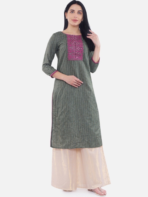 

Be Indi Women Green & Pink Yoke Design Straight Kurta