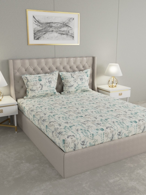 

Raymond Home Cream-Coloured & Green Floral 144 TC Cotton 1 King Bedsheet with 2 Pillow Covers