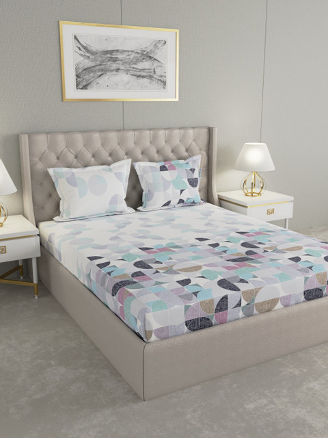 

Raymond Home White & Blue Geometric 144 TC Cotton 1 King Bedsheet with 2 Pillow Covers