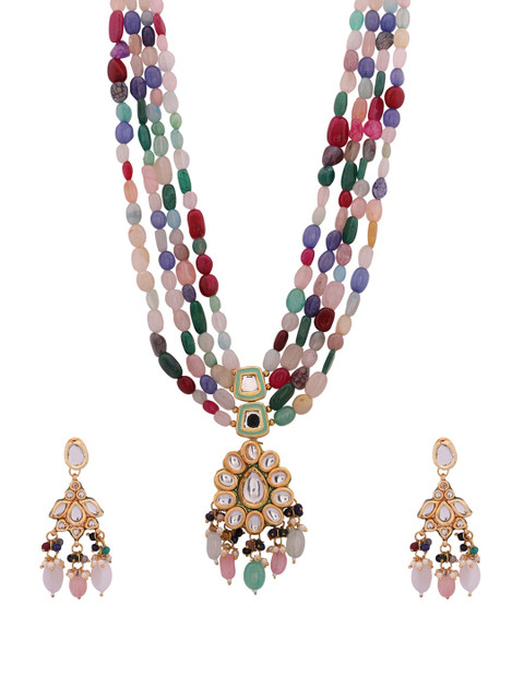 

Shoshaa Gold-Plated Multicoloured Stone-Studded Beaded Jewellery Set