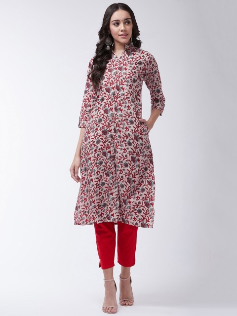 

InWeave Women Cream-Coloured & Red Boota Printed A-Line Kurta