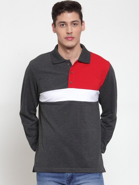 

Kalt Men Charcoal Grey & Red Colourblocked Polo Collar T-shirt