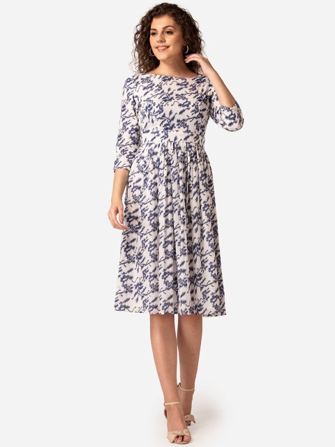 

MABISH by Sonal Jain Women Off-White & Navy Blue Printed Fit and Flare Dress