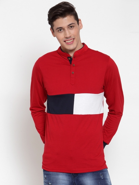 Kalt Men Red Colourblocked Mandarin Collar T-shirt