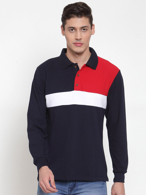 

Kalt Men Navy Blue & Red Colourblocked Polo Collar T-shirt