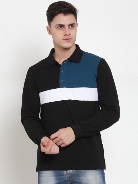 

Kalt Men Black & Teal Blue Colourblocked Polo Collar T-shirt
