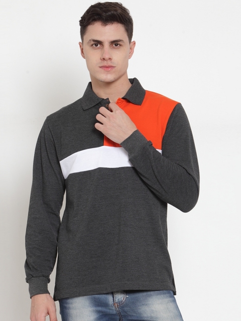 

Kalt Men Charcoal Grey & Orange Colourblocked Polo Collar T-shirt
