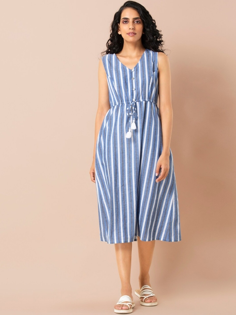 

INDYA Women Blue Striped A-Line Dress