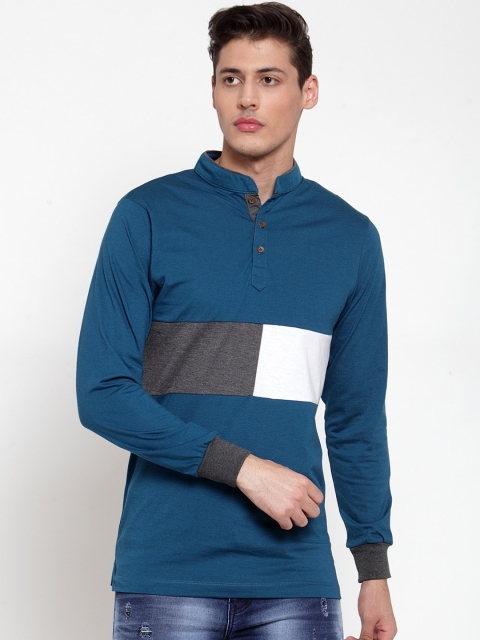 

Kalt Men Teal Blue & Grey Colourblocked Mandarin Collar T-shirt