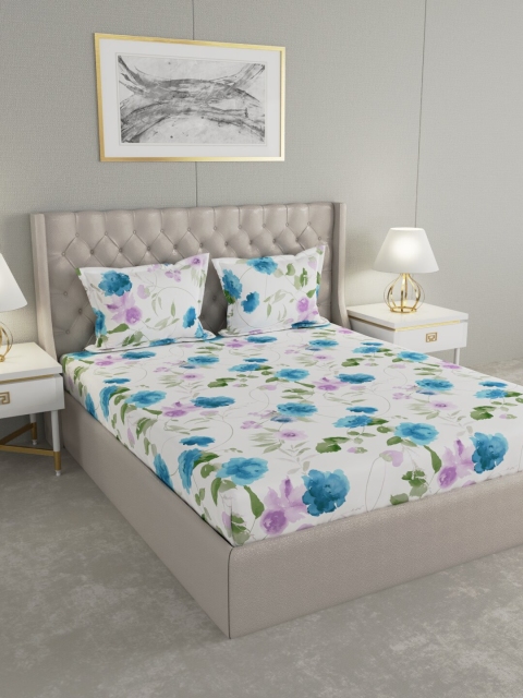 

Raymond Home White & Blue Floral 144 TC Cotton 1 King Bedsheet with 2 Pillow Covers