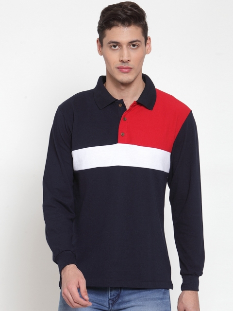 

Kalt Men Navy Blue & Red Colourblocked Polo Collar T-shirt