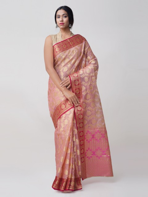 

Unnati Silks Pink & Gold-Coloured Art Silk Jamdhani Handloom Kota Saree