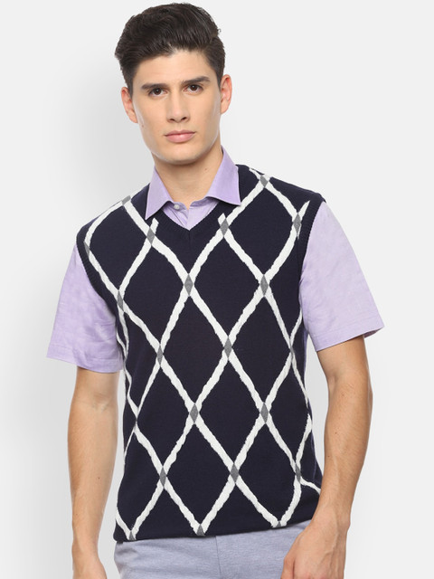 

Van Heusen Men Navy Blue Self Design Woolen Sweater Vest