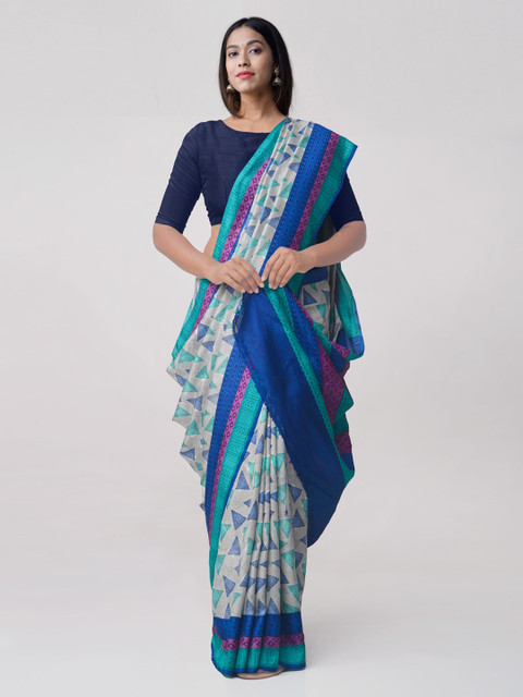 

Unnati Silks Cream-Coloured & Blue Pure Silk Block Printed Bengal Tussar Saree
