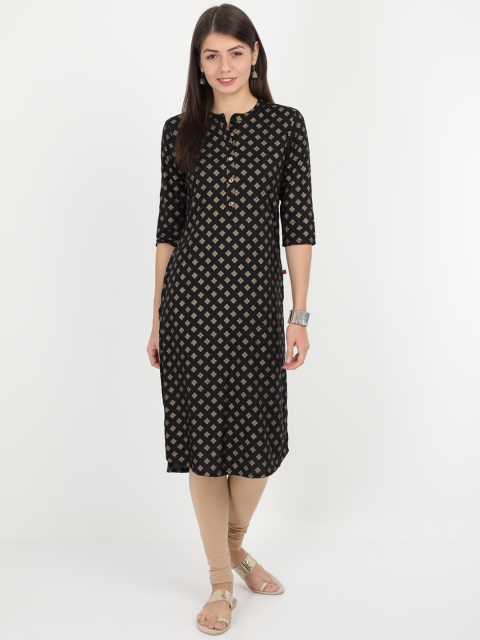 

Alena Women Black & Gold-Toned Woven Design Straight Kurta