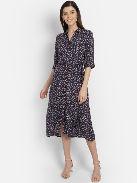 

Yaadleen Women Navy Blue Floral Printed Shirt Dress