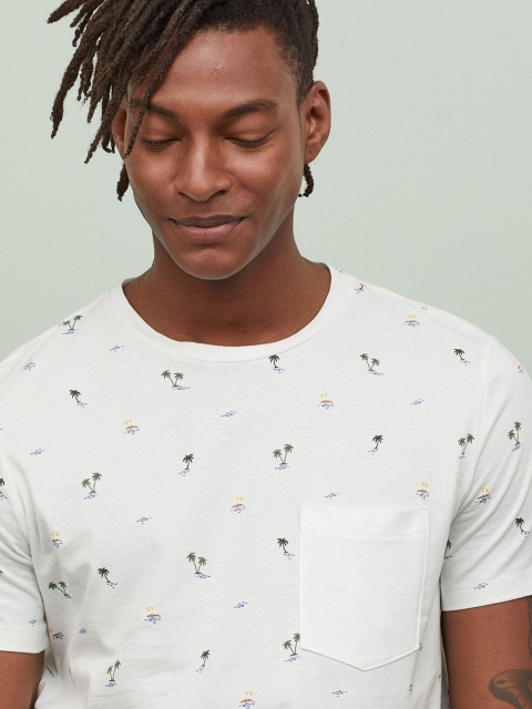 

H&M Men White Printed Cotton T-shirt