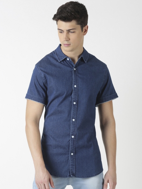 

Blue Saint Men Blue Slim Fit Printed Casual Denim Shirt