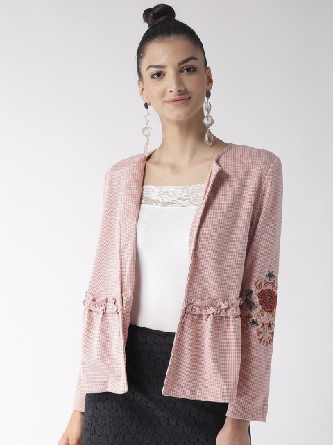 

Madame Women Pink & White Self Design Collarless Open-Front Blazer