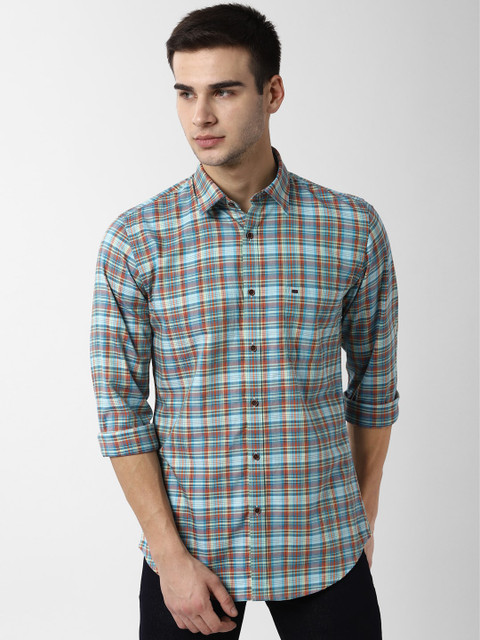 

Peter England Casuals Men Blue & Orange Slim Fit Checked Casual Shirt