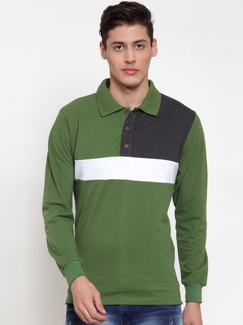 

Kalt Men Green & Charcoal Grey Colourblocked Polo Collar T-shirt