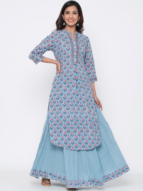 

Juniper Women Blue & Coral Pink Floral Printed Straight Kurta