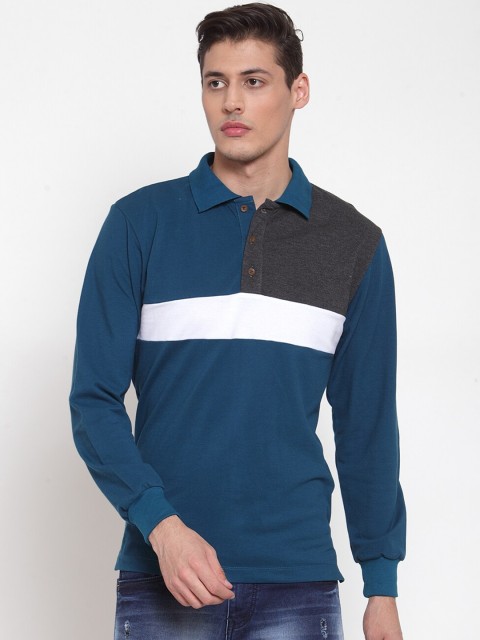 

Kalt Men Teal Blue & Charcoal Grey Colourblocked Polo Collar T-shirt