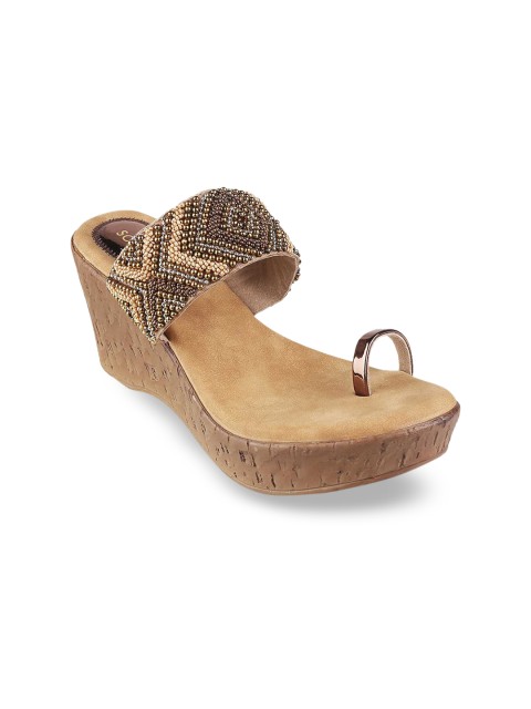 

SOLE HEAD Women Brown & Gold-Toned Embellished Wedges